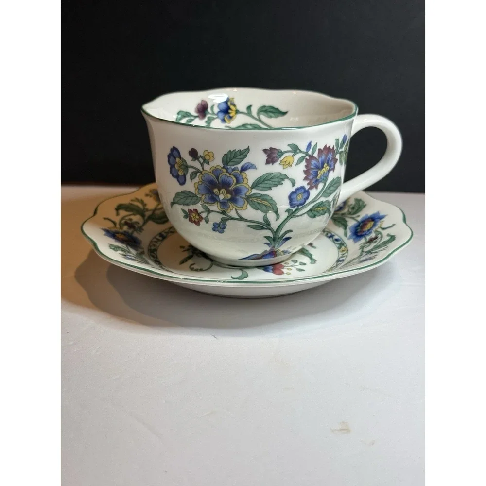 Nikko Oriental Garden Tea Cup & Saucer Set Floral White Blue #9875 Made in Japan